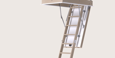 A wooden loft ladder extending from an attic hatch, suitable for accessing upper spaces.