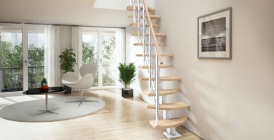 Space-saving staircase with a steep incline and compact footprint for tighter areas.