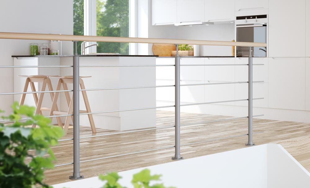 INTERIO balustrade: Stylish wood and steel design, versatile for wall or floor mounting.