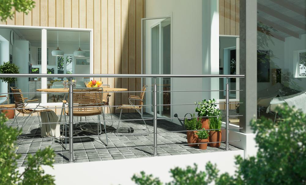 HARMONY balustrade: Stainless steel, weather-resistant, suitable for indoor and outdoor use.