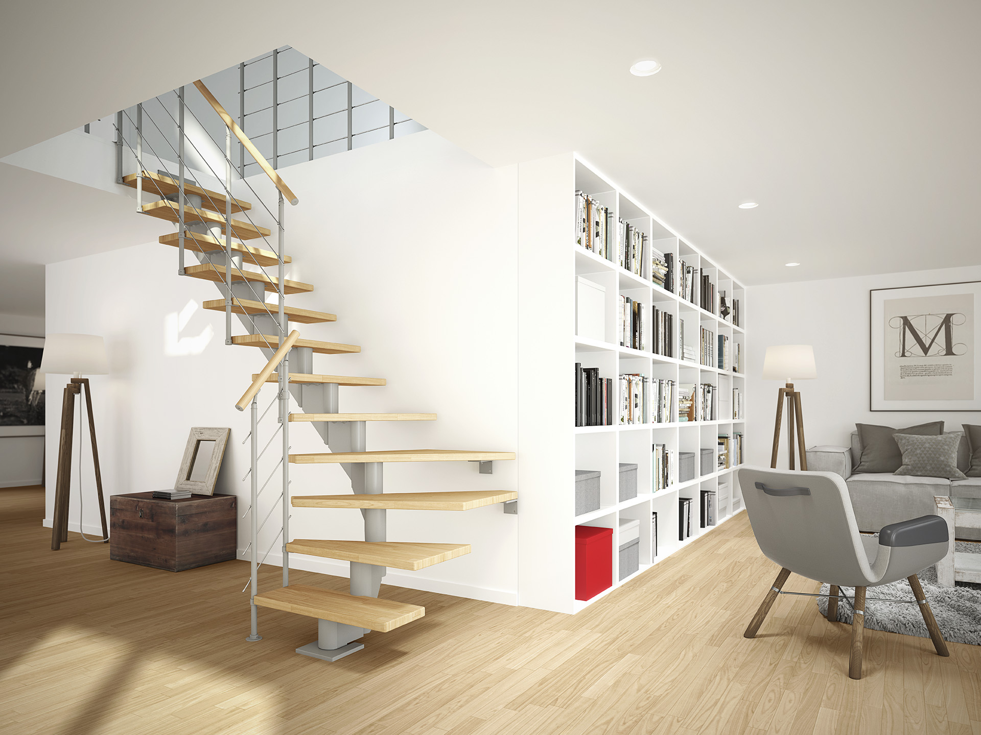 Modern interior with a floating wooden staircase, metal railing, a white bookshelf, and a cozy seating area.