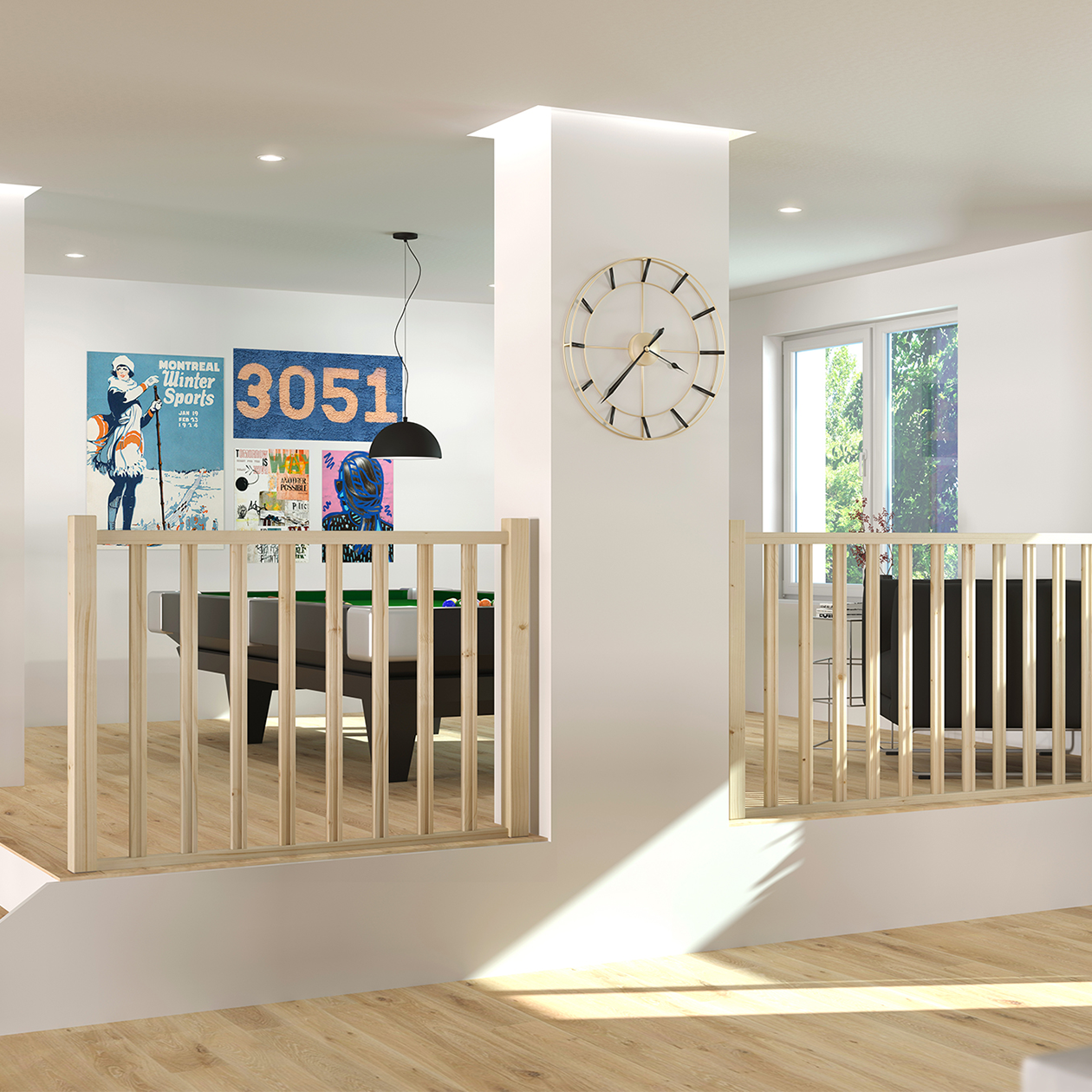 Indoor space with wooden safety railings, a pool table, and colorful wall art.