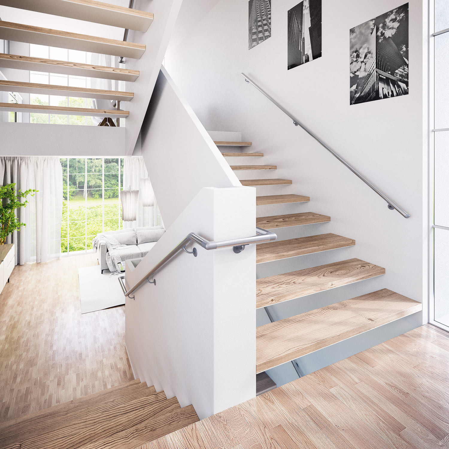 Modern indoor staircase with wooden steps and metal handrails, in a bright home with large windows and black-and-white wall art.