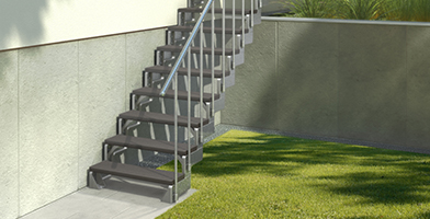 Straight staircase for outdoor use, featuring durable, weather-resistant materials for long-lasting performance.