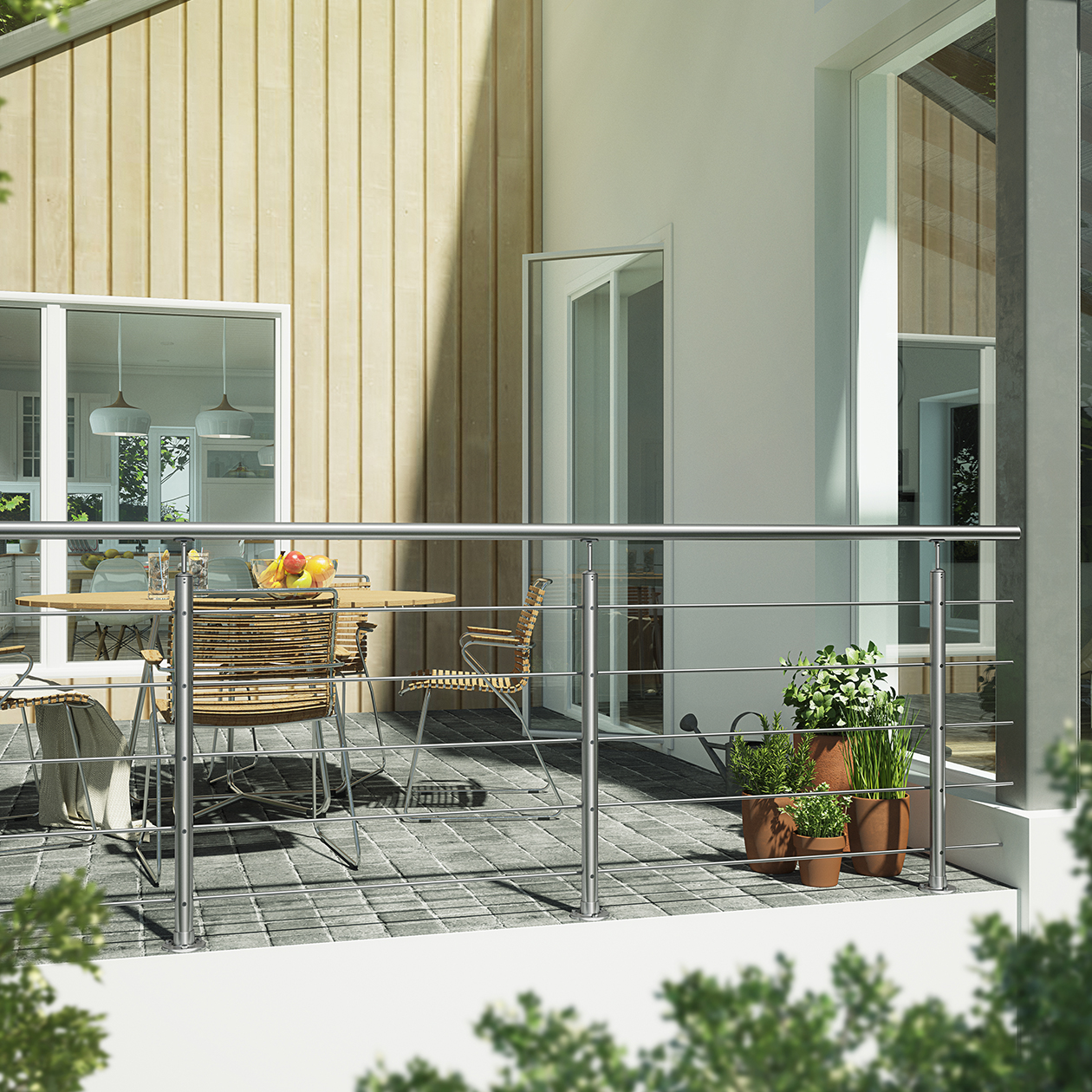 Stylish patio with stainless steel railings, wooden dining set, and potted plants.