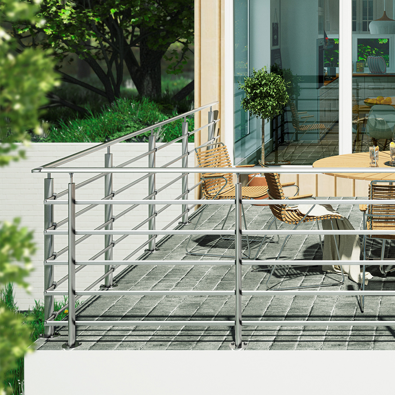 Modern terrace with stainless steel railings, outdoor seating, and lush green surroundings.