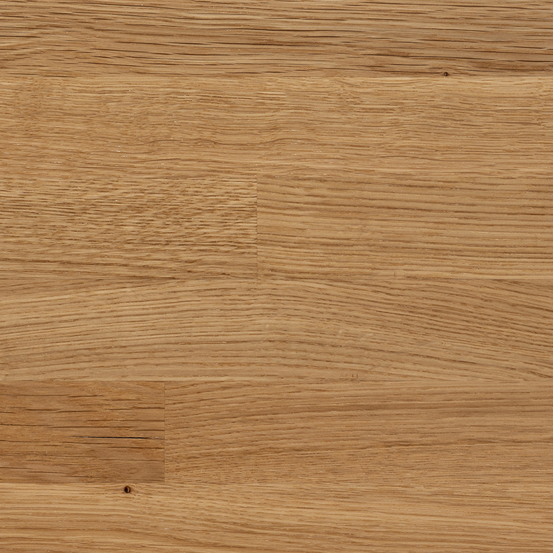 Close-up of varnished solid oak wood, showing a semi-gloss finish and enhanced grain texture.