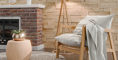 Cozy living area with wooden paneling on the wall, complemented by warm-toned decor including a chair and soft lighting