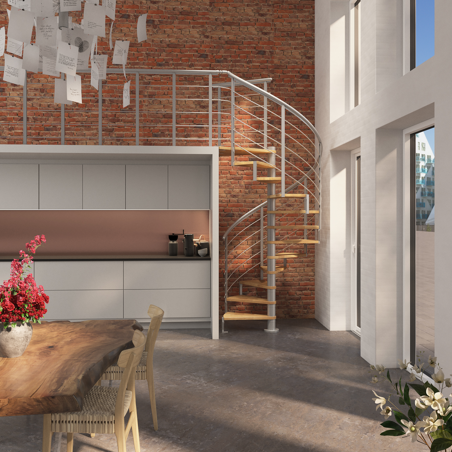 Elegant spiral staircase MONTREAL with wood and metal steps, set in a stylish brick-walled open-plan kitchen and living space.