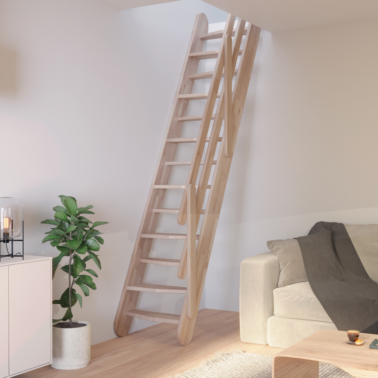 Wooden loft ladder with slim handrails, leading to an upper level in a minimalist room with natural light.