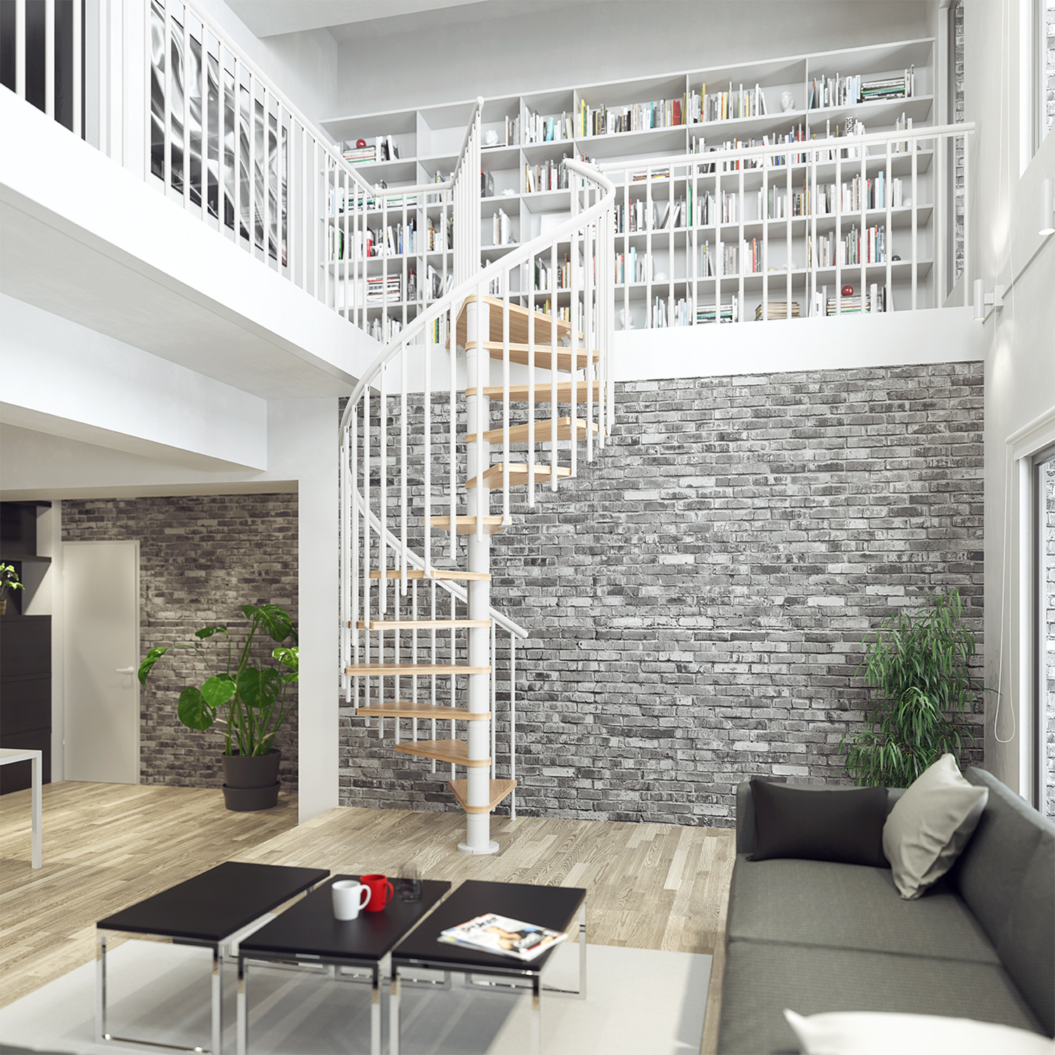 White spiral staircase with wooden steps in a modern loft featuring a brick accent wall.