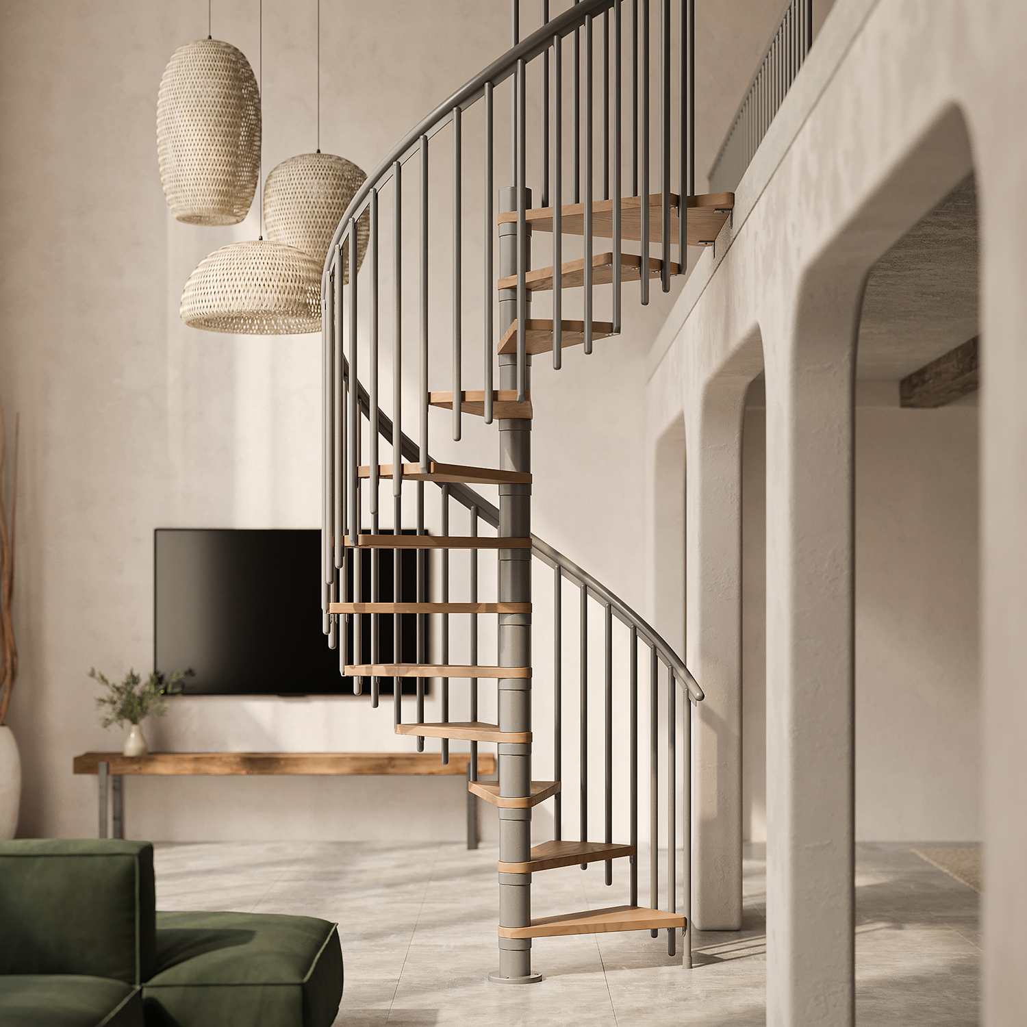 Spiral staircase with gray metal rails and wooden steps in a minimalist interior setting.