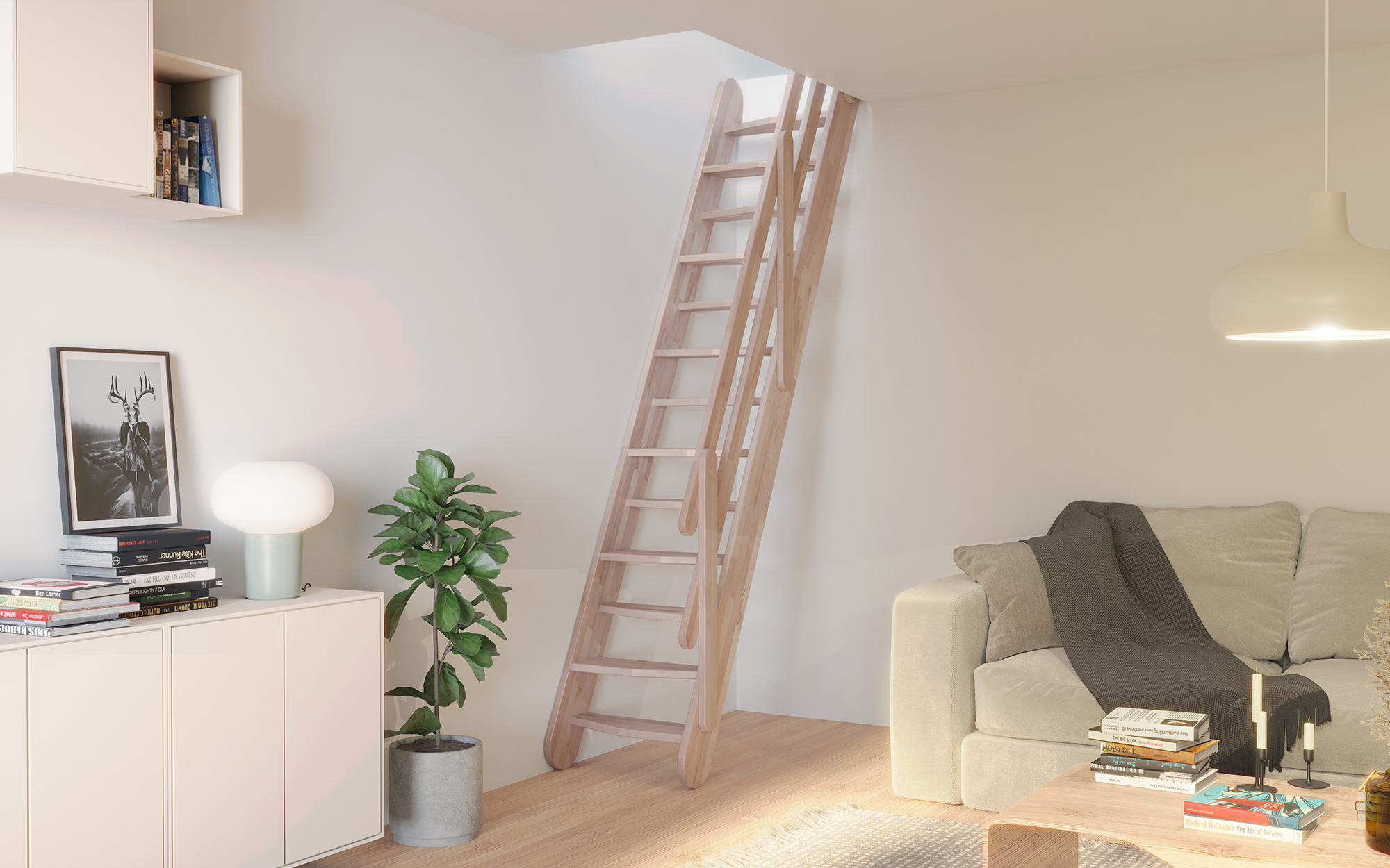 Space-saving beech staircase OSAKA in a living area.