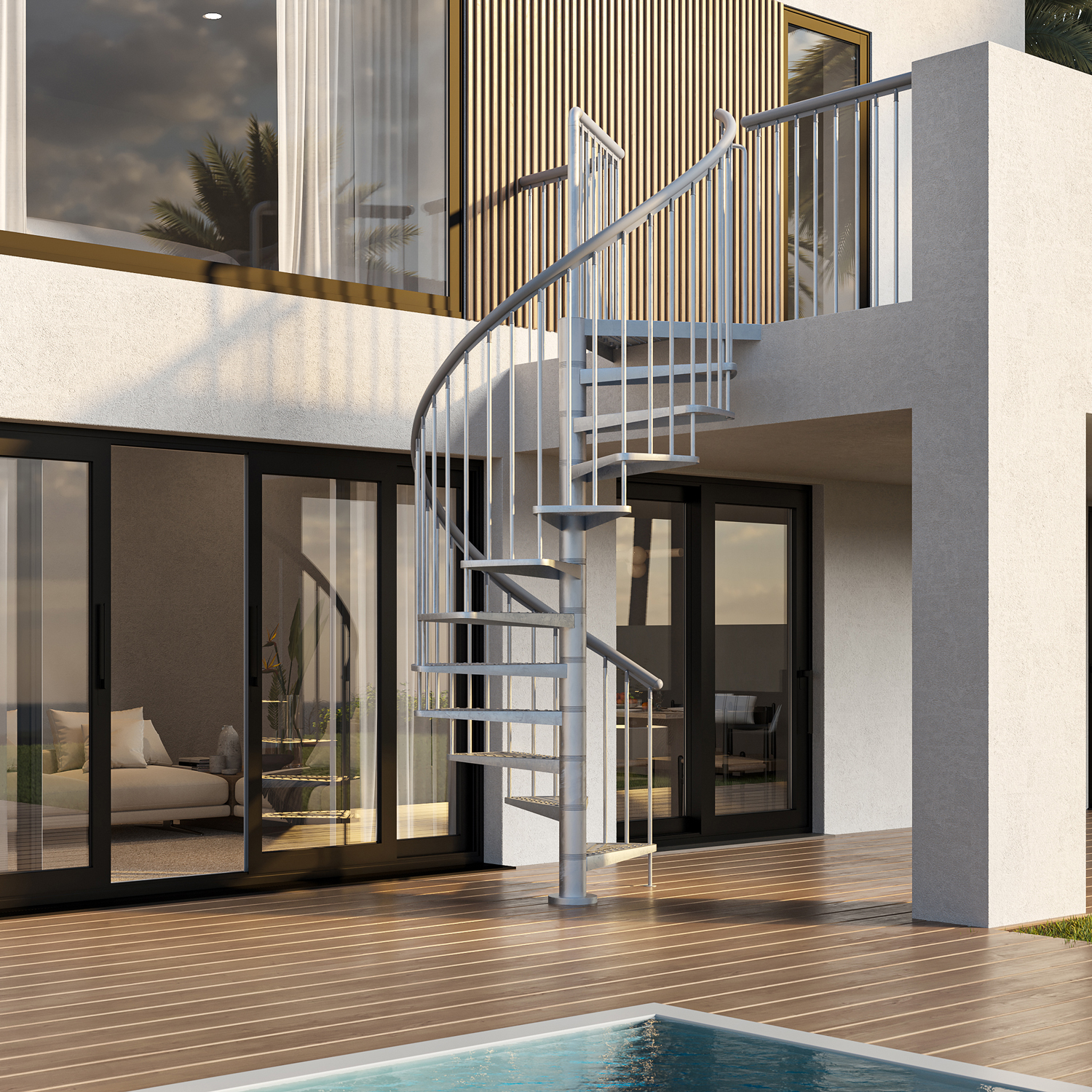 Outdoor spiral staircase TORONTO with galvanized steel structure, adjacent to a poolside patio with modern architecture.