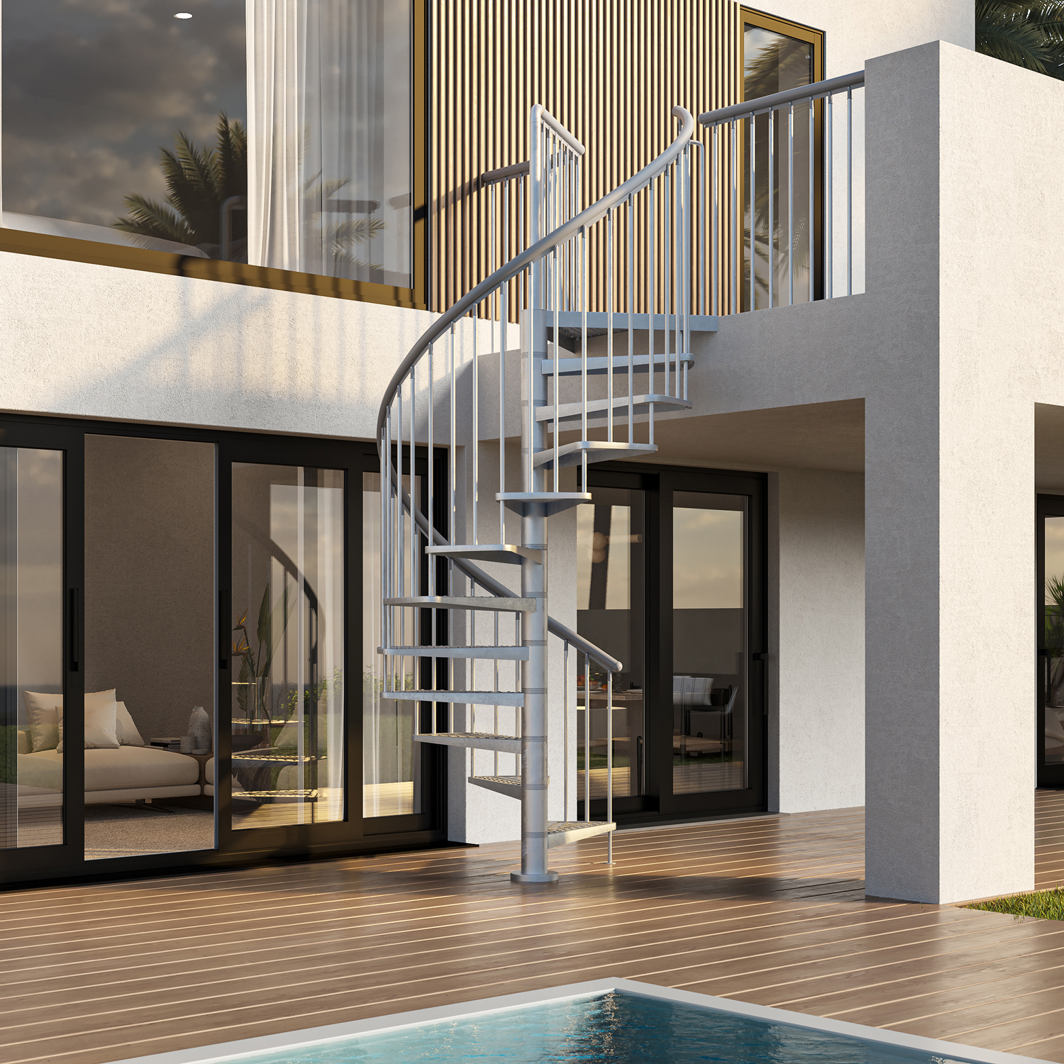 Metal spiral staircase leading to an upper-level balcony, next to glass doors and overlooking a pool.