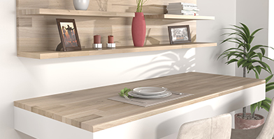 Minimalist kitchen space featuring sleek wooden shelves with plants and dinnerware for decoration