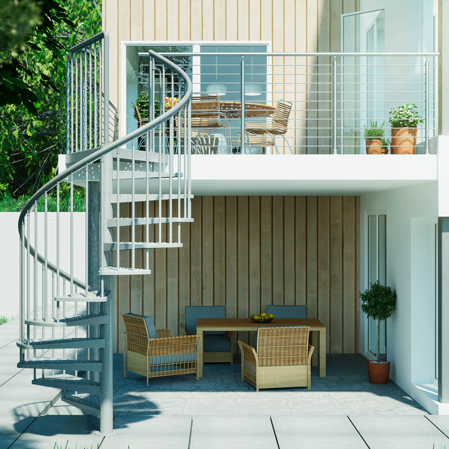 Metal spiral staircase connecting a patio to an upper balcony with outdoor seating and wooden paneling.