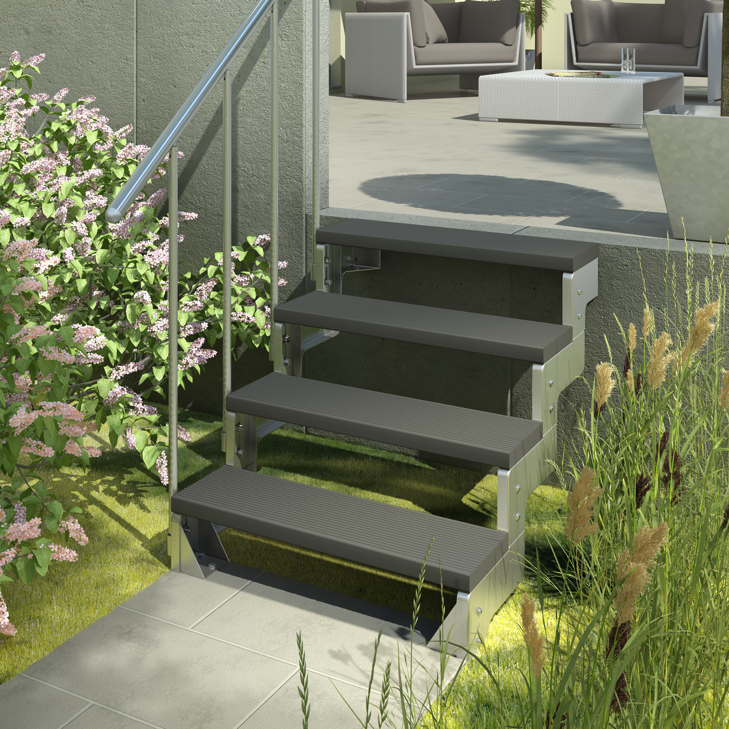 Outdoor steps with a sleek metal handrail, surrounded by plants and leading to a patio area.