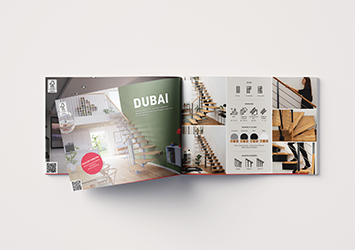 Image of a brochure with a Dubai staircase on the cover, featuring a red SOGEM logo and outdoor setting