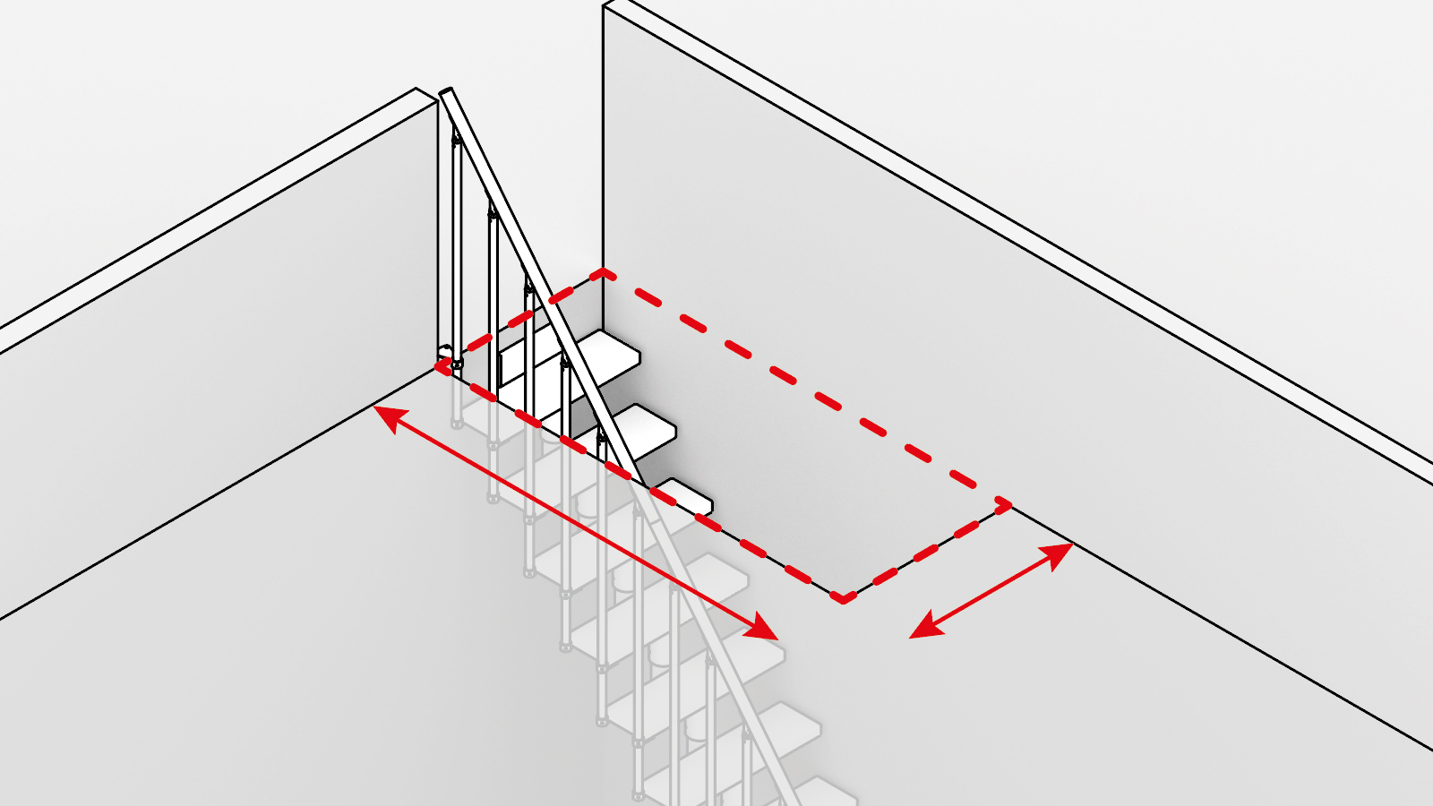 Diagram of a staircase with red arrows and dashed lines indicating clearance and landing dimensions at the top of the stairs